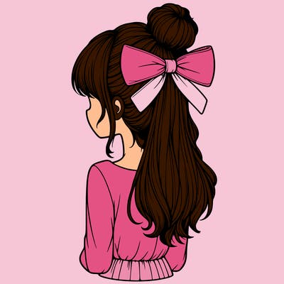 realistic girl  with hip length hair a bun and a big bow on the back of head