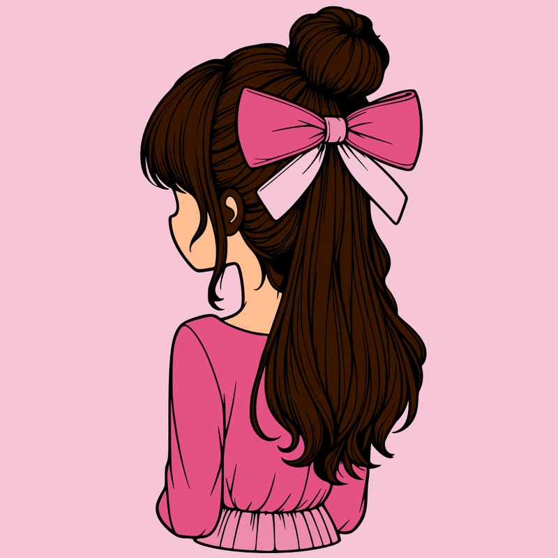 realistic girl  with hip length hair a bun and a big bow on the back of head