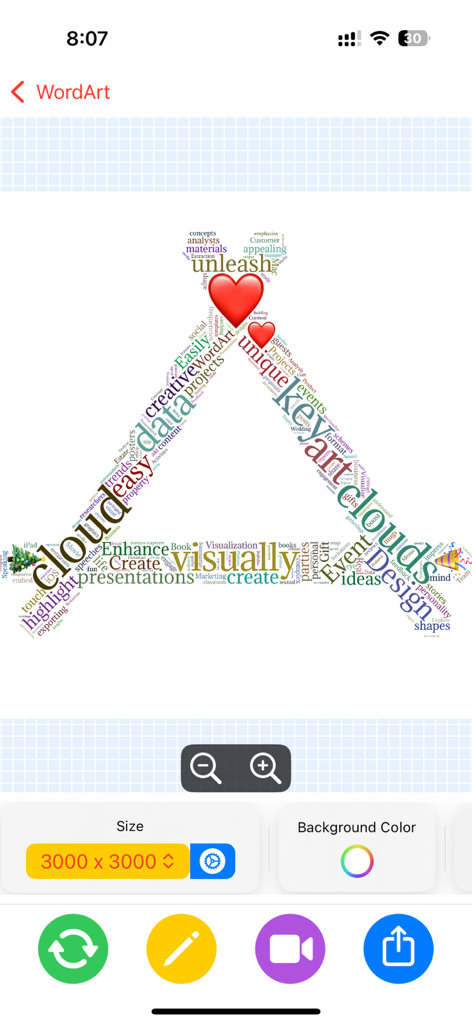 크기 및 배경색에 대한 디자인 도구가 있는 사용자 정의 모양의 단어 구름을 보여주는 WordArt 앱의 인터페이스