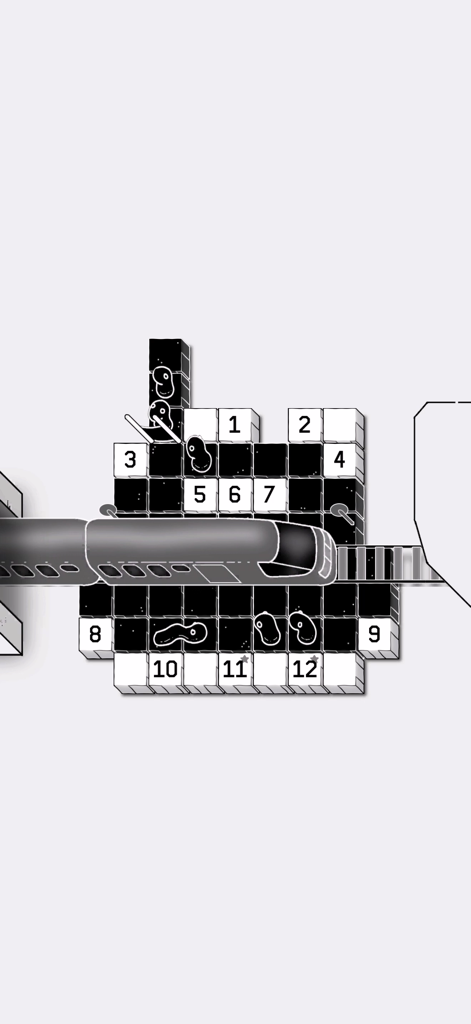 LOK Digital - Cuadrícula de puzzle minimalista en blanco y negro con casillas numeradas y criaturas LOK