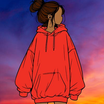 realistic girl with a oversized sweatshirt on and a bun
