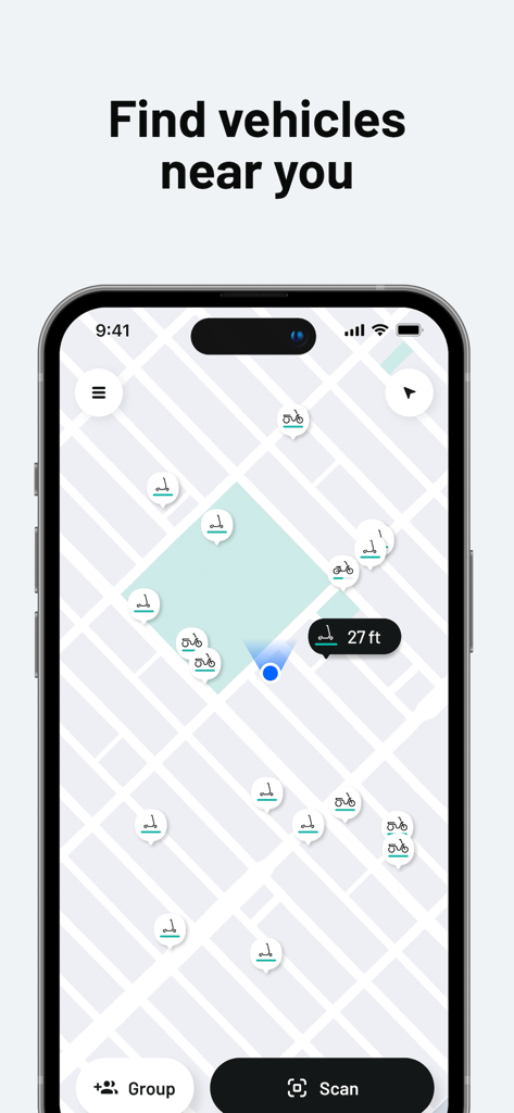 Veo app interface displaying a map with nearby e-scooters and bikes