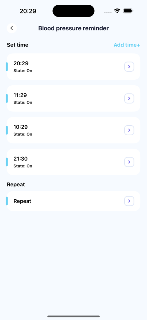 Clarity:Daily Health Journal - A list of scheduled daily blood pressure reminders in the Clarity app interface