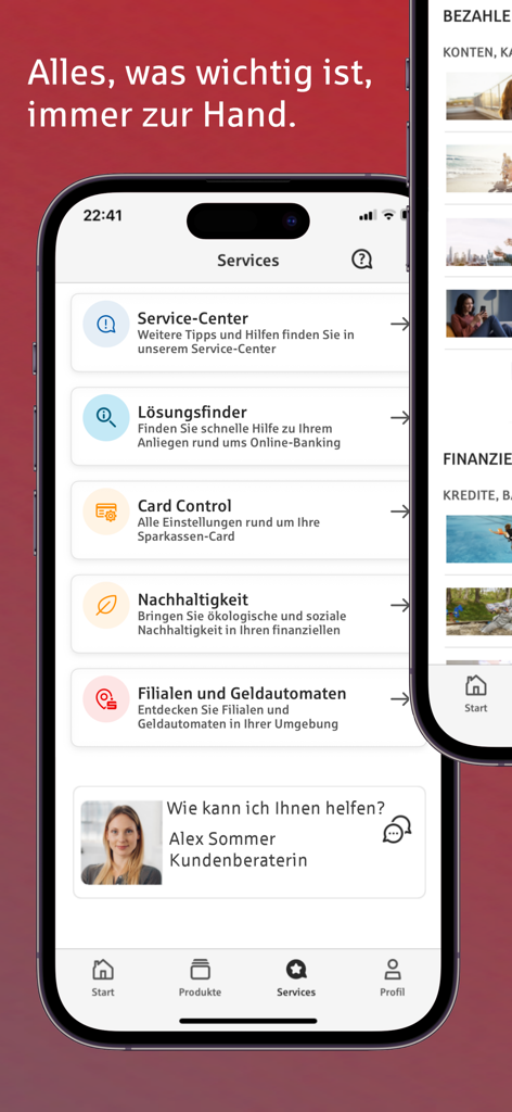 User interface of the Sparkasse app services section featuring customer support and banking tools