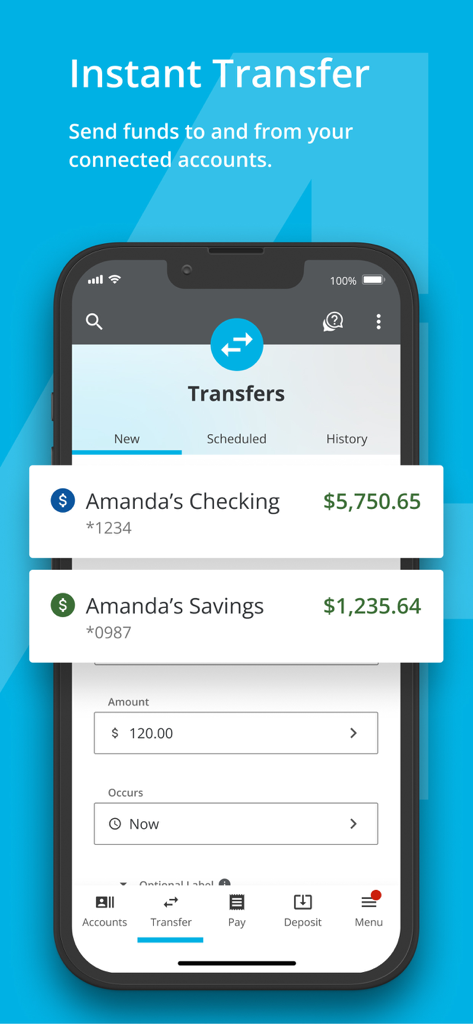 Interface do aplicativo Addition Financial Mobile para transferências instantâneas entre contas correntes e poupança.