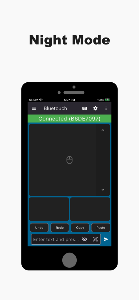 Bluetouch™ - Bluetouch app interface showing the remote trackpad in night mode