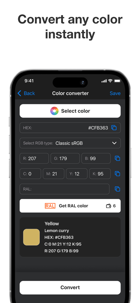 Color Identifier: Color Picker - Pantalla de la aplicación Identificador de Color que muestra valores de conversión de color para HEX RGB y CMYK