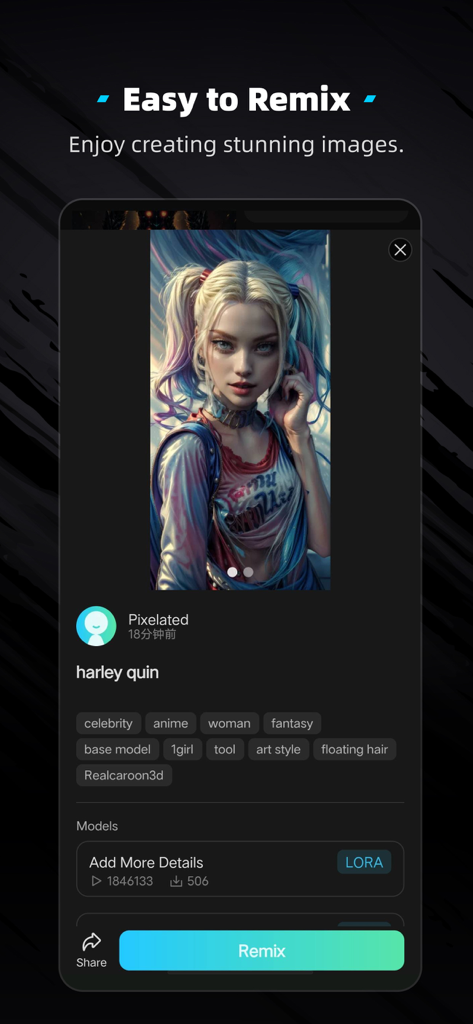 TensorArt - AI model generator - Interface of the TensorArt app showing a remix button and an AI-generated character