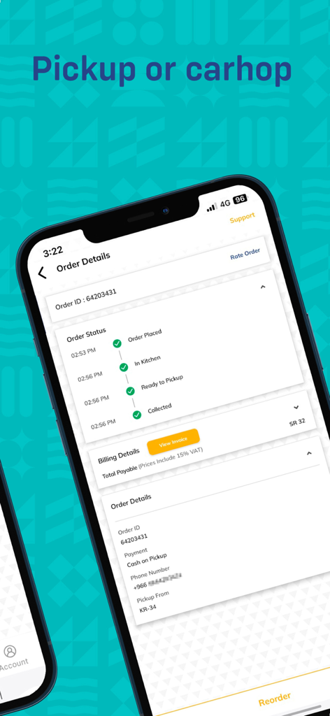 Kudu app order details screen showing real-time tracking status for pickup or carhop orders