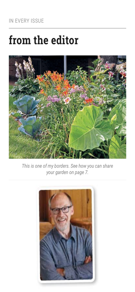 Garden Gate Magazine - Screenshot of the Garden Gate Magazine from the editor page featuring a vibrant garden border and a portrait of the editor