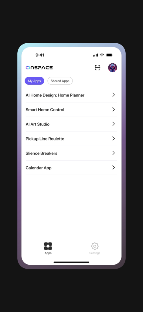 Mobile app interface of OnSpace AI showing a list of user created applications