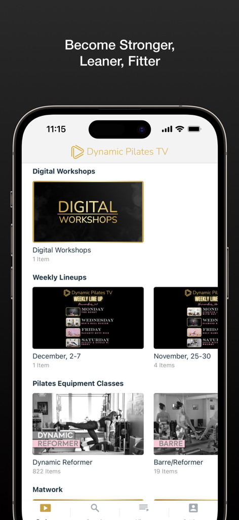 Schermata principale dell'app Dynamic Pilates TV con programmi settimanali di workshop digitali e lezioni di pilates reformer