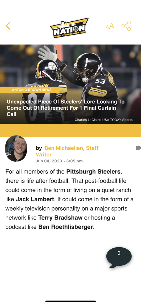 SteelerNation.com - A news article about Antonio Brown on the SteelerNation mobile app interface.