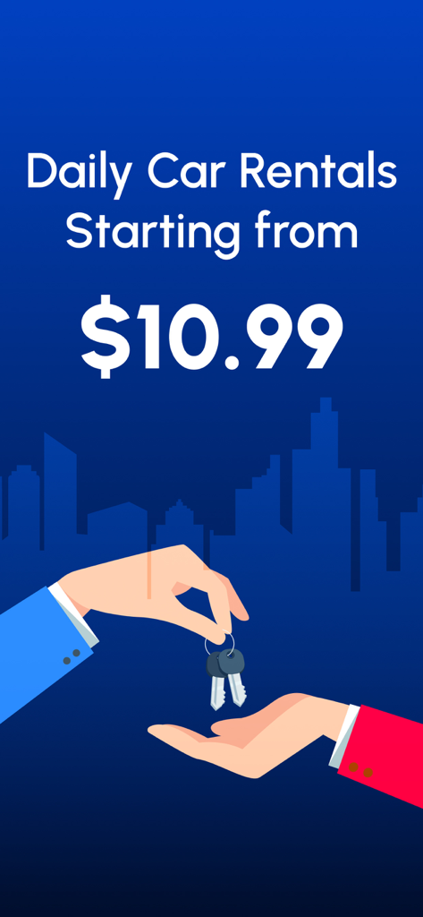 Marketing banner for car rentals starting from 10.99 dollars per day with hands exchanging car keys