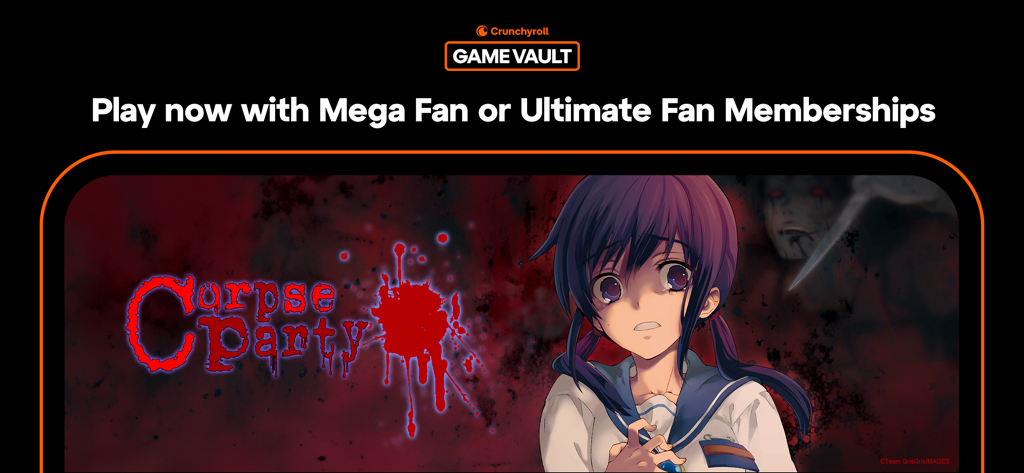 Crunchyroll: Corpse Party - Promotional banner for Crunchyroll Game Vault featuring the horror game Corpse Party with a terrified anime girl and a blood-splattered logo.