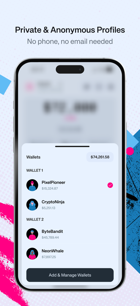 TOMI Web3 SuperApp screen displaying anonymous profiles and multiple crypto wallets