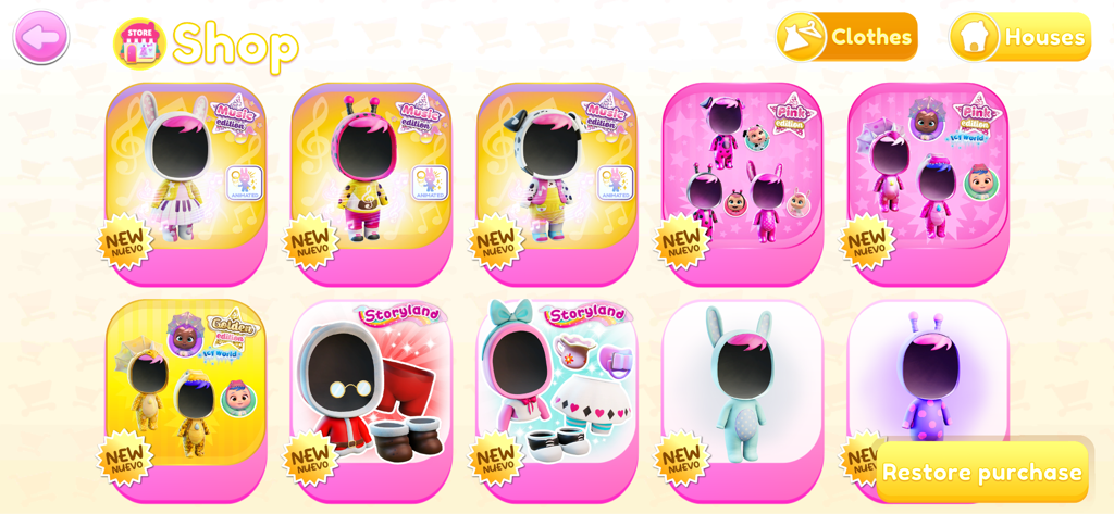 Cry Babies Magic Tears - La tienda del juego mostrando varios atuendos y ropas de personajes en la aplicación Cry Babies Magic Tears.