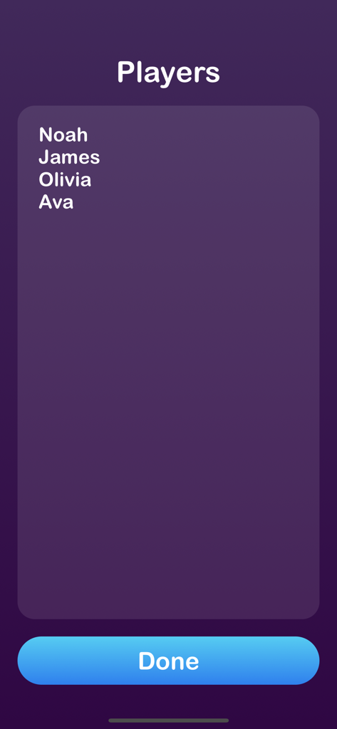 Truth or Dare: Fun Party Games - Interface do aplicativo Truth or Dare mostrando uma lista de jogadores e um botão de concluído