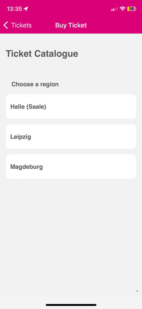 INSA App Ticketkatalog-Bildschirm zur Auswahl von Regionen, einschließlich Halle, Leipzig und Magdeburg
