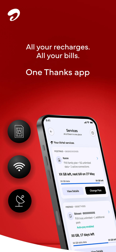 L'interface de l'application Airtel Thanks permet de gérer les recharges mobiles et les paiements de factures de services publics.