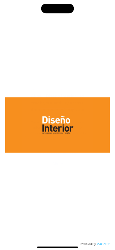 Diseño Interior - Logo de la aplicación de la revista Diseño Interior sobre un fondo naranja con texto que describe diseño de interiores y arquitectura.