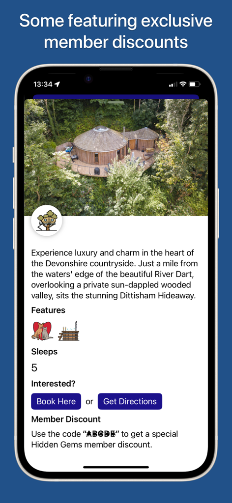 UK Hidden Gems - UK Hidden Gems app showing a unique luxury staycation in Devon with exclusive member discounts