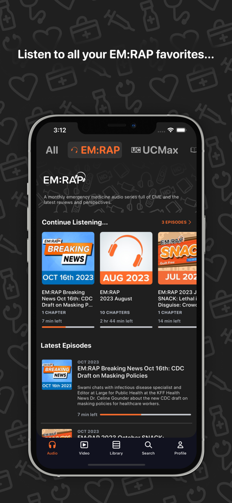 EM:RAP - Medical Education - The EM:RAP mobile app interface featuring audio podcasts for medical education and the continue listening section.