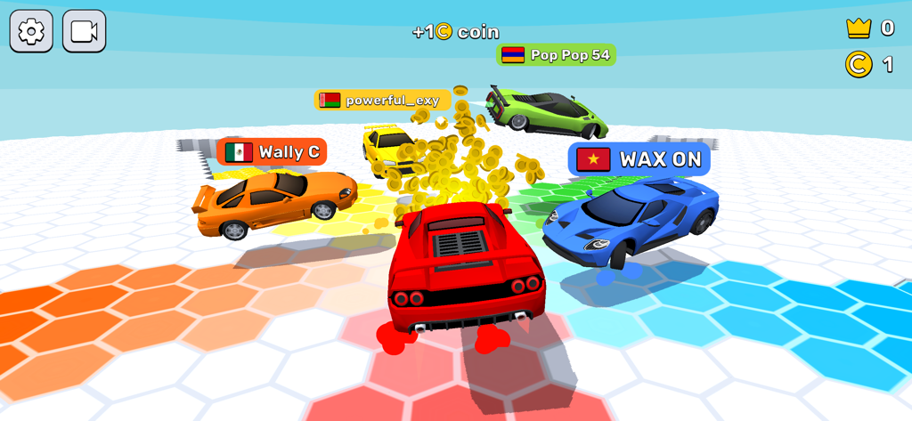 Race Survival Arena King - Bunte Supersportwagen, die auf einer hexagonalen Überlebensarena mit fallenden Kacheln und Münzen Rennen fahren und konkurrieren