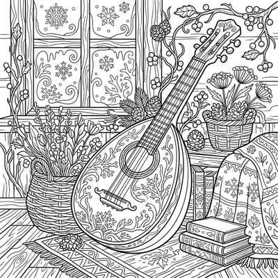 Discover the serene beauty of our Winter Cottagecore Lute coloring page, featuring a beautifully adorned lute nestled in a cozy, rustic winter scene. This intricate design invites you to add your personal touch to a harmonious blend of music, nature, and winter charm.