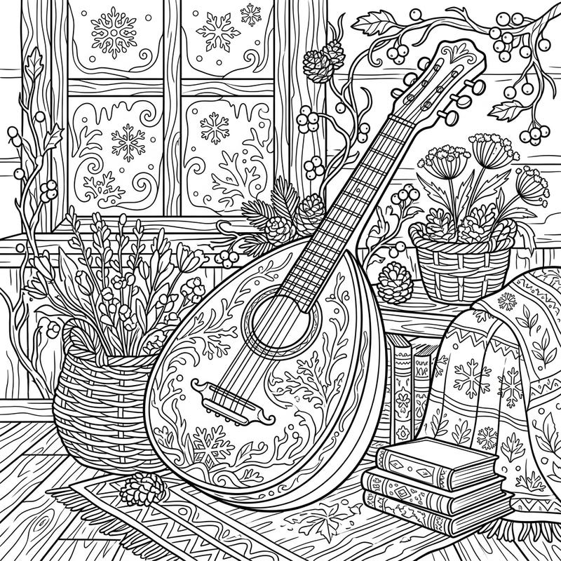 Discover the serene beauty of our Winter Cottagecore Lute coloring page, featuring a beautifully adorned lute nestled in a cozy, rustic winter scene. This intricate design invites you to add your personal touch to a harmonious blend of music, nature, and winter charm.
