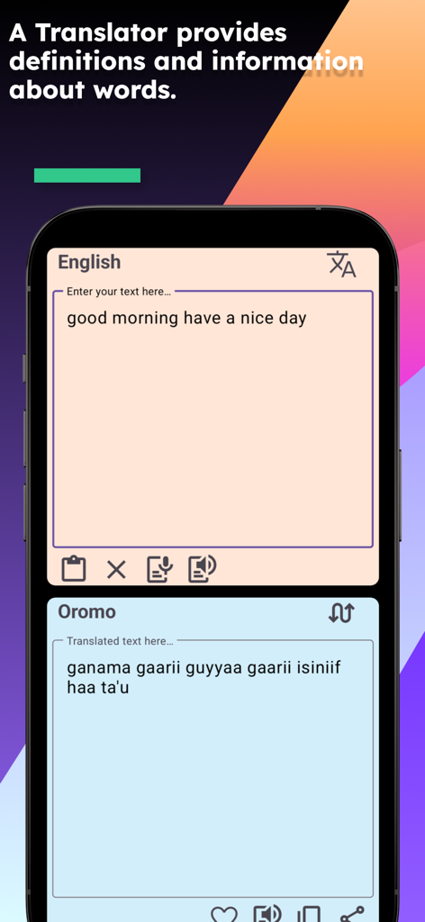 Interface of the English Oromo Translator app showing a translated greeting from English to Oromo