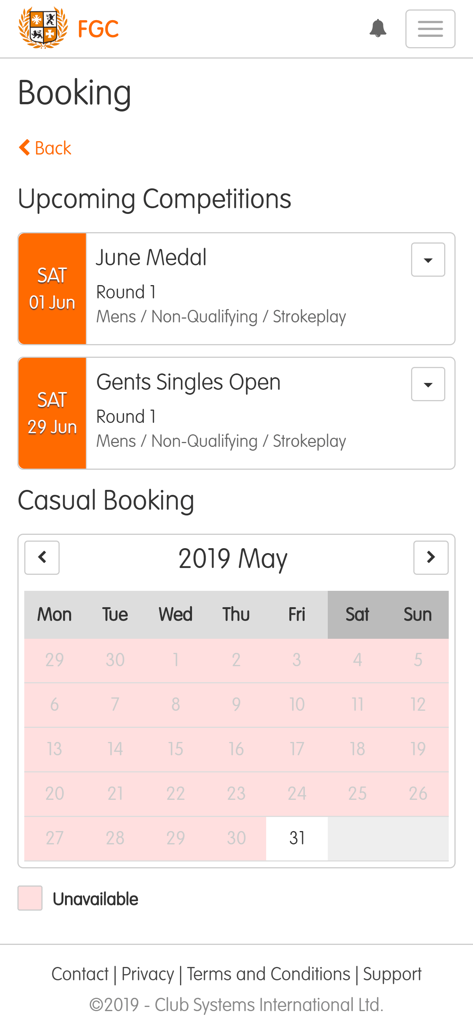 Golf booking screen in ClubV1 Members Hub app showing upcoming competitions and calendar