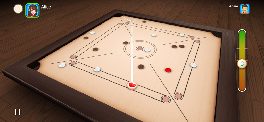 A realistic 3D carrom board game showing a striker aiming at pieces during a match between two players