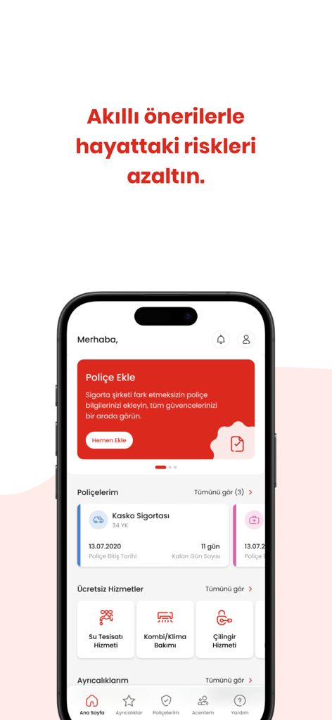 Aksigorta - Aksigorta mobile app dashboard displaying insurance policies and home service options in Turkish.