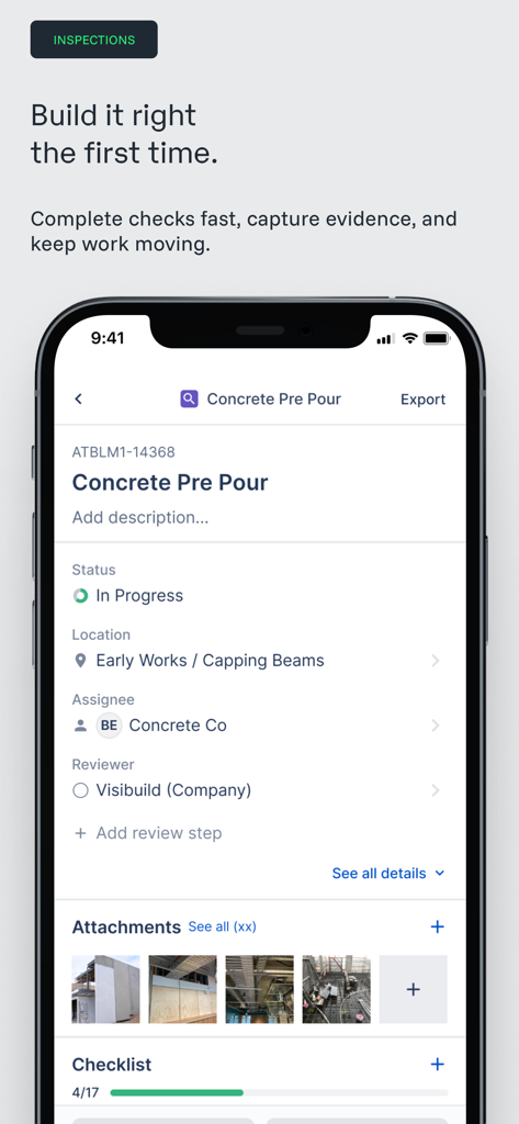 Visibuild - Visibuild mobile app displaying a concrete pre pour inspection task with status tracking and site photo attachments