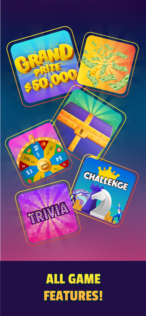 Play and Win -Win Cash Prizes! - トリビア、5万ドルのグランドプライズ、ラッキースピンホイールなどのさまざまなゲーム機能を示すコラージュ。