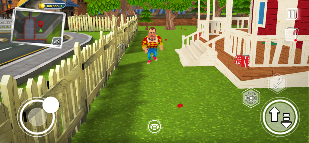 Eine Ego-Perspektive eines Spielers, der sich im Hinterhof einer Vorstadt in der Nähe des unheimlichen Nachbarn im Spiel Dark Riddle versteckt