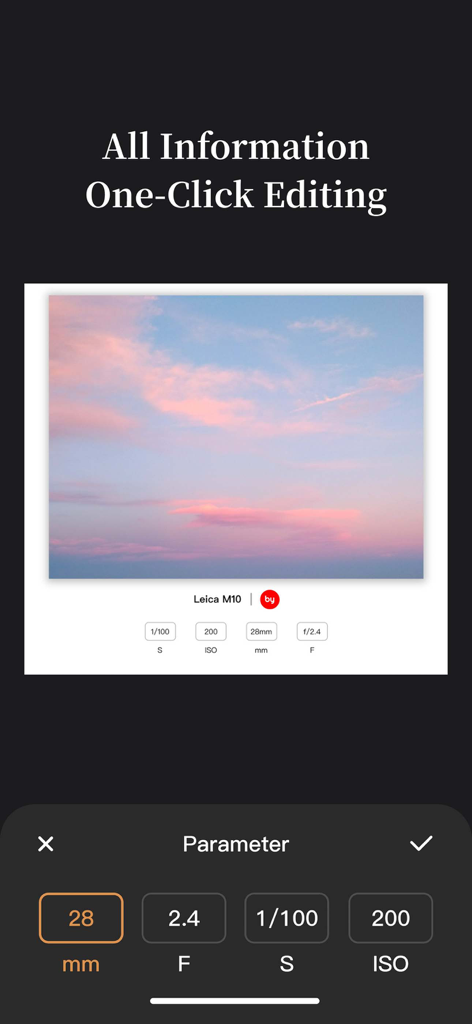 PhotoBy-Batch adding borders - A user editing camera metadata parameters like ISO and aperture on a photo with a professional Leica style border.