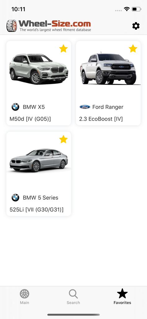 A list of favorite vehicle models saved in the Wheel Size app including a BMW X5 and a Ford Ranger.