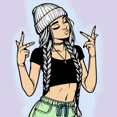 realistic teenage girl with braids and a beanie and crop top doing 🫶🏼