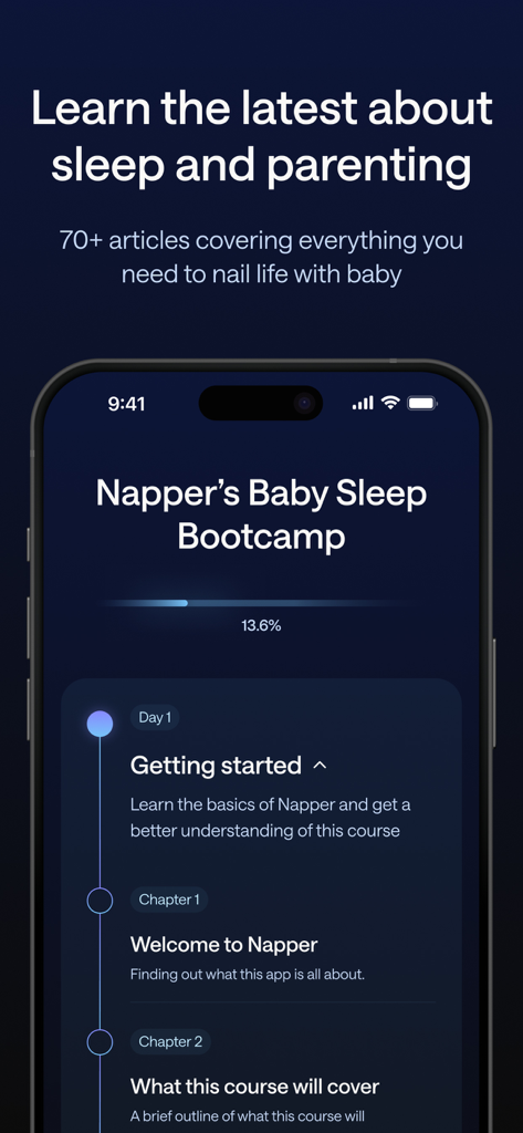 Oberfläche der Napper-App, die den Baby Sleep Bootcamp-Kurs mit lehrreichen Artikeln über Elternschaft zeigt