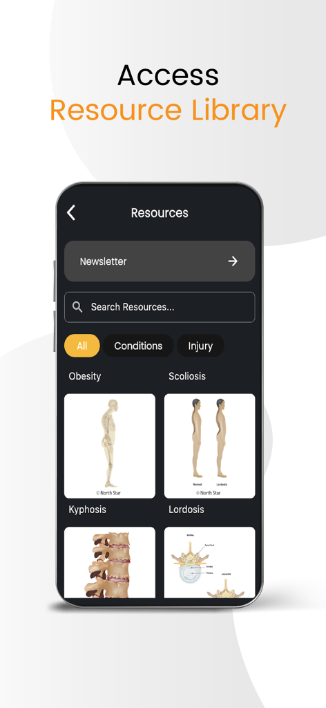 North Star Fitness - North Star Fitness app interface showing the resource library with educational illustrations of medical conditions like kyphosis and lordosis.