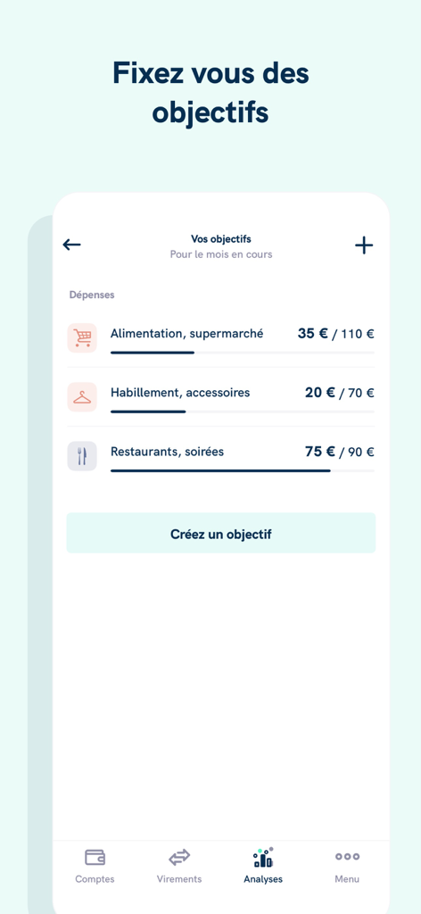 Linxo - L'app n°1 de budget - Interface of the Linxo app showing monthly budget goals and spending progress for different expense categories.