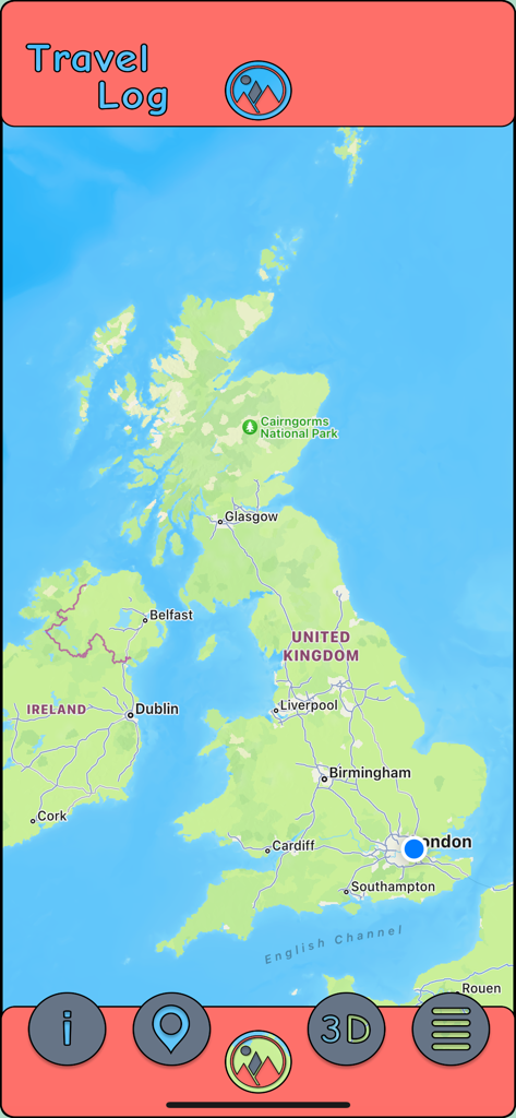 Travel Log App - Interface de l'application Travel Log montrant une carte du Royaume-Uni avec un marqueur de localisation à Londres