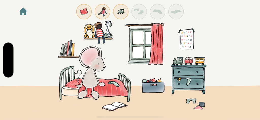 Hand-drawn illustration of Little Mouse in a bedroom cleanup game for toddlers