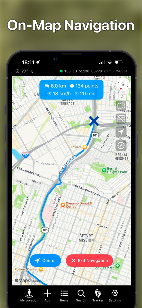 Route Planner - GPS MGRS UTM - Mobile app screenshot showing on-map navigation with a blue route and MGRS coordinates