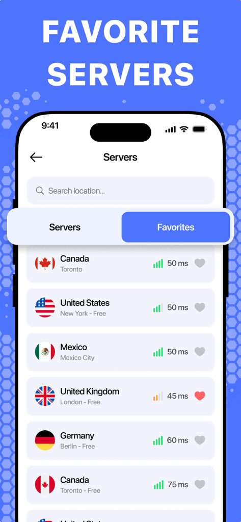 Elenco di posizioni server preferite dell'app Secure VPN con qualità della connessione e latenza