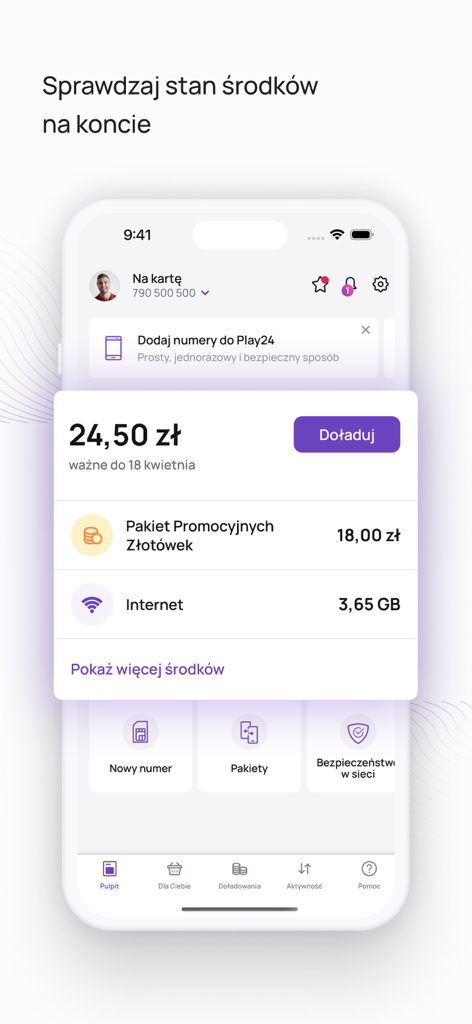 Panel de control de la aplicación móvil Play24 que muestra el saldo de la cuenta y el uso de datos de internet en polaco