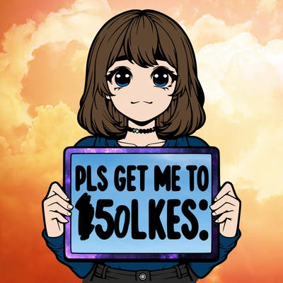 realistic girl holding up a sign that says “pls get me to 15 likes!”