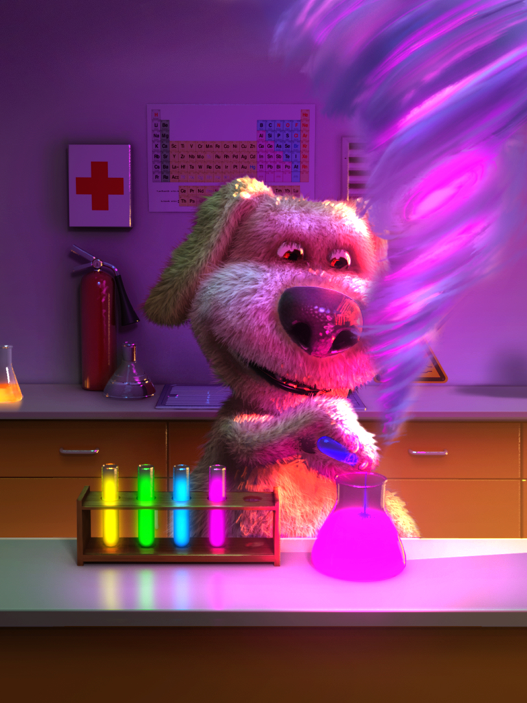 O cão Talking Ben a misturar produtos químicos num laboratório com um vórtice roxo brilhante